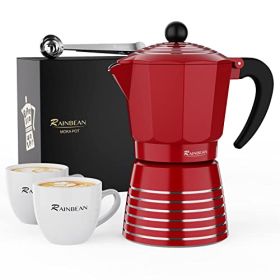 Stovetop Espresso Maker 6 Cup 300ml, Aluminum Moka Pot Gift Set, Italian Cuban Greca Coffee, Easy To Use & Clean - Set Including 2 Cups, Spoon, Red, P