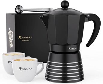 Stovetop Espresso Maker 6 Cup 300ml, Aluminum Moka Pot Gift Set, Italian Cuban Greca Coffee, Easy To Use & Clean - Set Including 2 Cups, Spoon, Black,