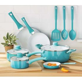 Ceramic Nonstick 12 Piece Cookware Set, Teal Ombre, Hand Wash Only