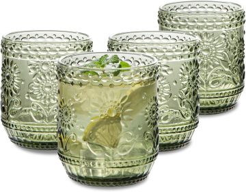 Vintage Relief Glass Cup Flower Patter (Option: Green-4pcs)