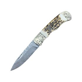 Antler Pocket Outdoor Damascus Folding Knife (Option: B)