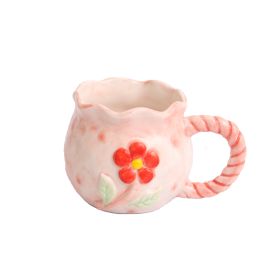Hand Painted Embossed Pink Flower Ceramic Mug (Option: Pink-340ml)