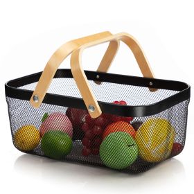 Wooden Handle Mesh Basket Fruit Basket (Option: Black-40x25x18cm)