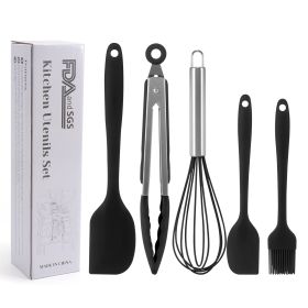 Silicone Cook Utensils;  5 Piece Kitchen Cooking Set;  Includes Large Spatula;  Small Spatula;  Grease Brush;  Food Clamp;  Whisk (Color: Black)