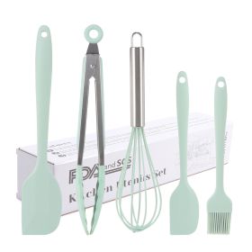 Silicone Cook Utensils;  5 Piece Kitchen Cooking Set;  Includes Large Spatula;  Small Spatula;  Grease Brush;  Food Clamp;  Whisk (Color: Green)