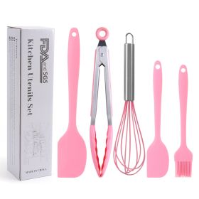 Silicone Cook Utensils;  5 Piece Kitchen Cooking Set;  Includes Large Spatula;  Small Spatula;  Grease Brush;  Food Clamp;  Whisk (Color: Pink)