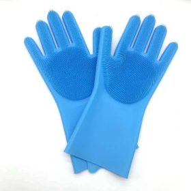 1 Pair Dishwashing Cleaning Gloves Magic Silicone Rubber Dish Washing Glove For Household Scrubber Kitchen Clean Tool Scrub (Color: Blue, size: 1 Pair)