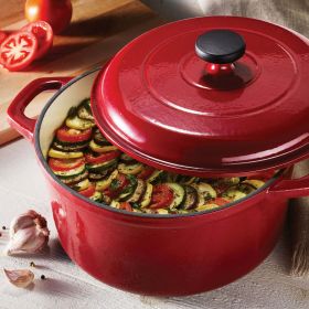 Qt Enameled Round Cast Iron Dutch Oven (Color: Red)