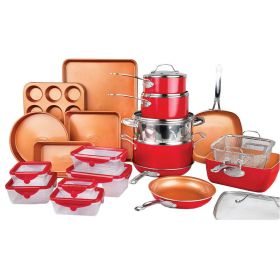 32 Piece Cookware Set, Bakeware and Food Storage Set, Nonstick Pots and Pans (Color: Red)