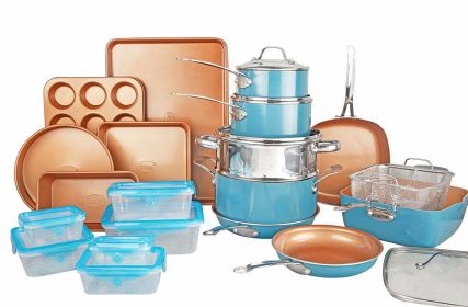 32 Piece Cookware Set, Bakeware and Food Storage Set, Nonstick Pots and Pans (Color: Blue)