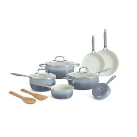 12-Pieces Porcelain Enamel Classic Ceramic Cookware Set, Ombre Teal (Color: gray)