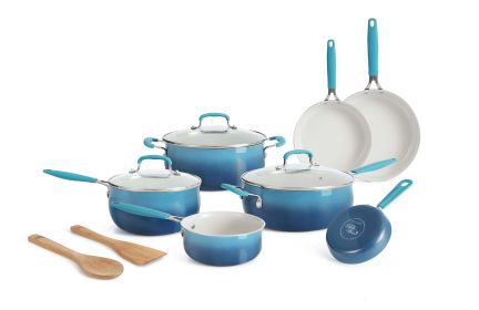12-Pieces Porcelain Enamel Classic Ceramic Cookware Set, Ombre Teal (Color: Blue)